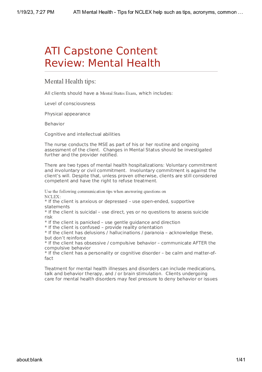 Preview image for ATI Mental Health - Tips for NCLEX help such as tips, acronyms, common psychiatric medications,